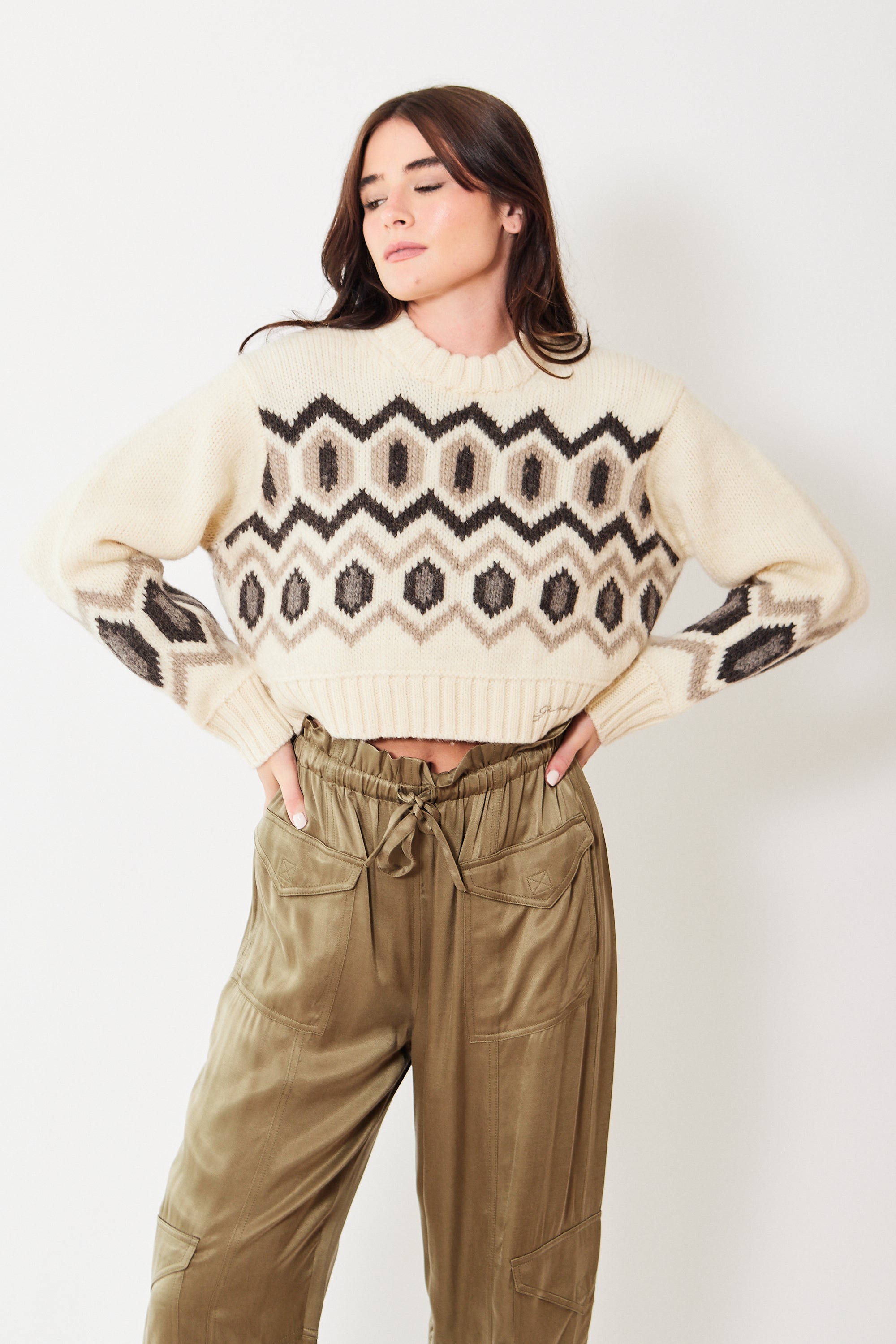 Ganni Chunky Graphic Wool Cropped O-Neck