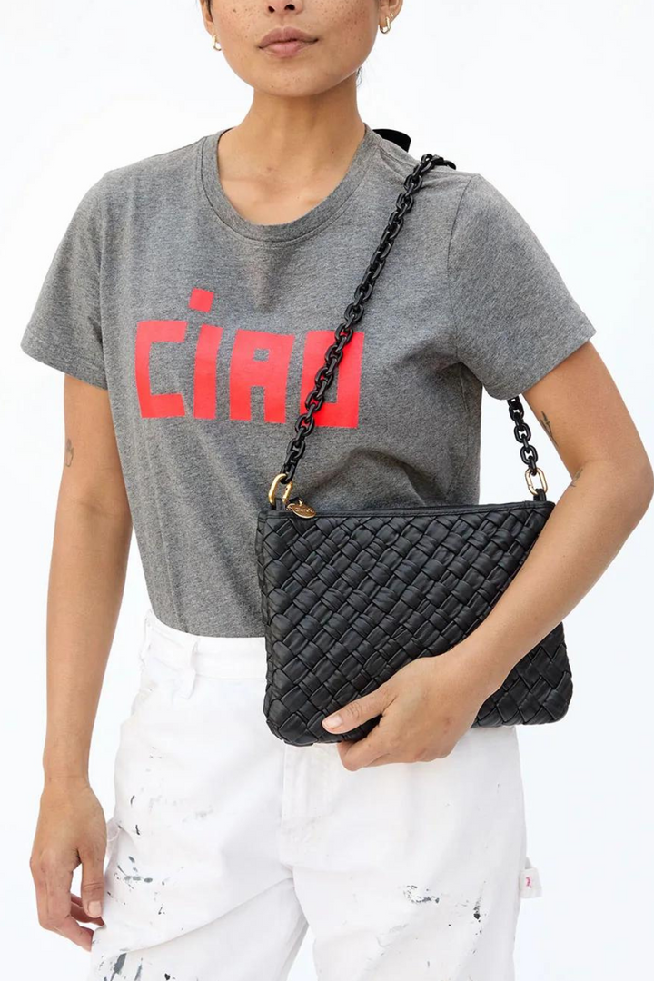 Model wearing Clare V. Shoulder Strap front view