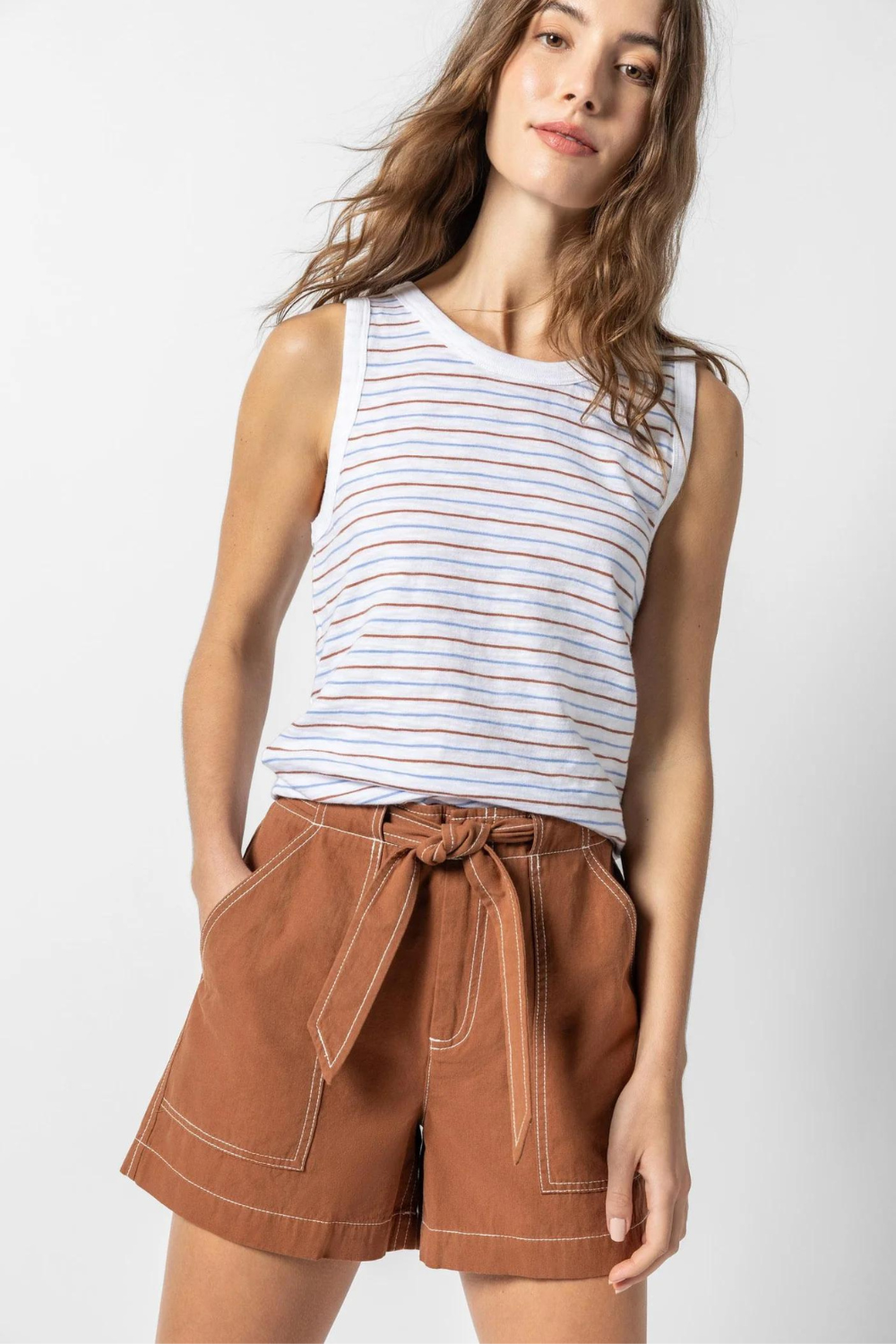 Model wearing Lilla P Striped Crew Tank front view