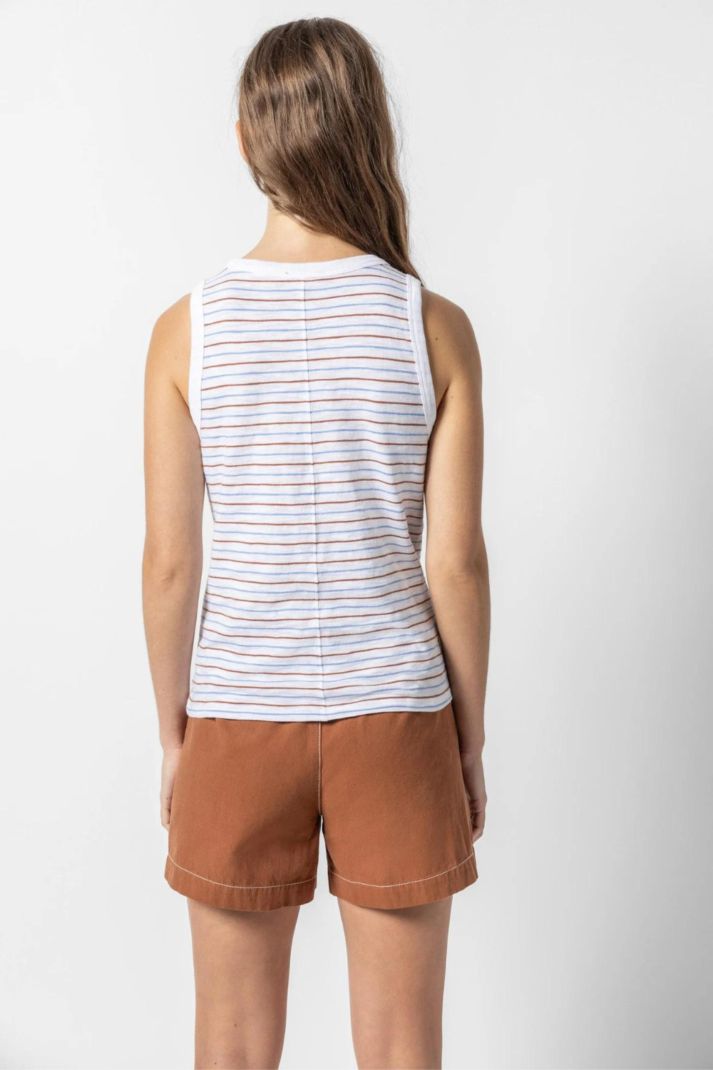 Model wearing Lilla P Striped Crew Tank rear view