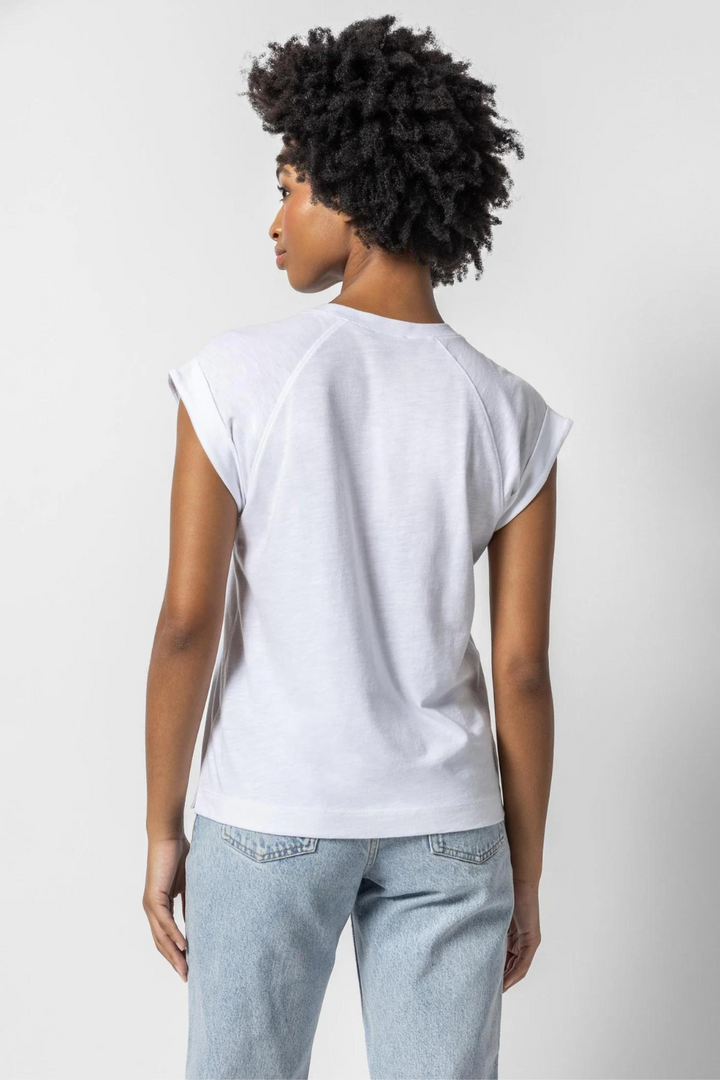 Model wearing Lilla P Boxy Cuffed Sleeve Crewneck Tee rear view