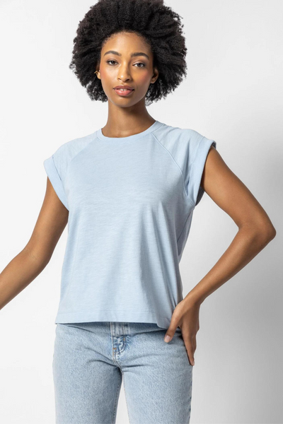 Model wearing Lilla P Boxy Cuffed Sleeve Crewneck Tee front view