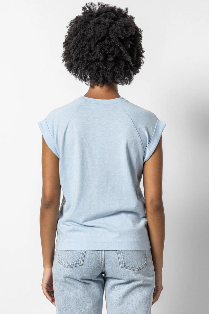 Model wearing Lilla P Boxy Cuffed Sleeve Crewneck Tee rear view