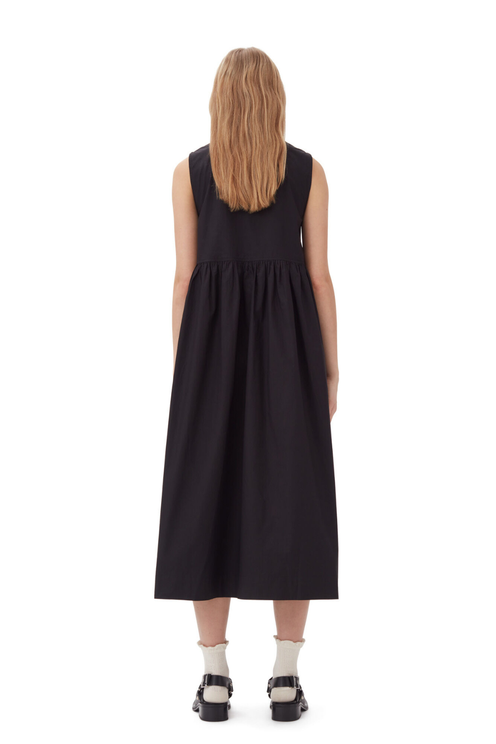 Model wearing Ganni Cotton Poplin Midi Dress rear view