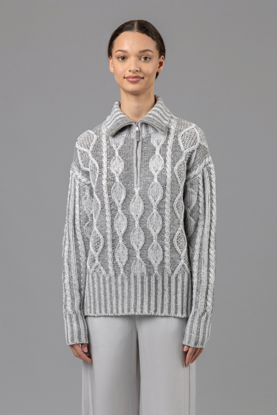 Model wearing Allude Two Tone Multi Knit High Neck Half Zip Sweater front view