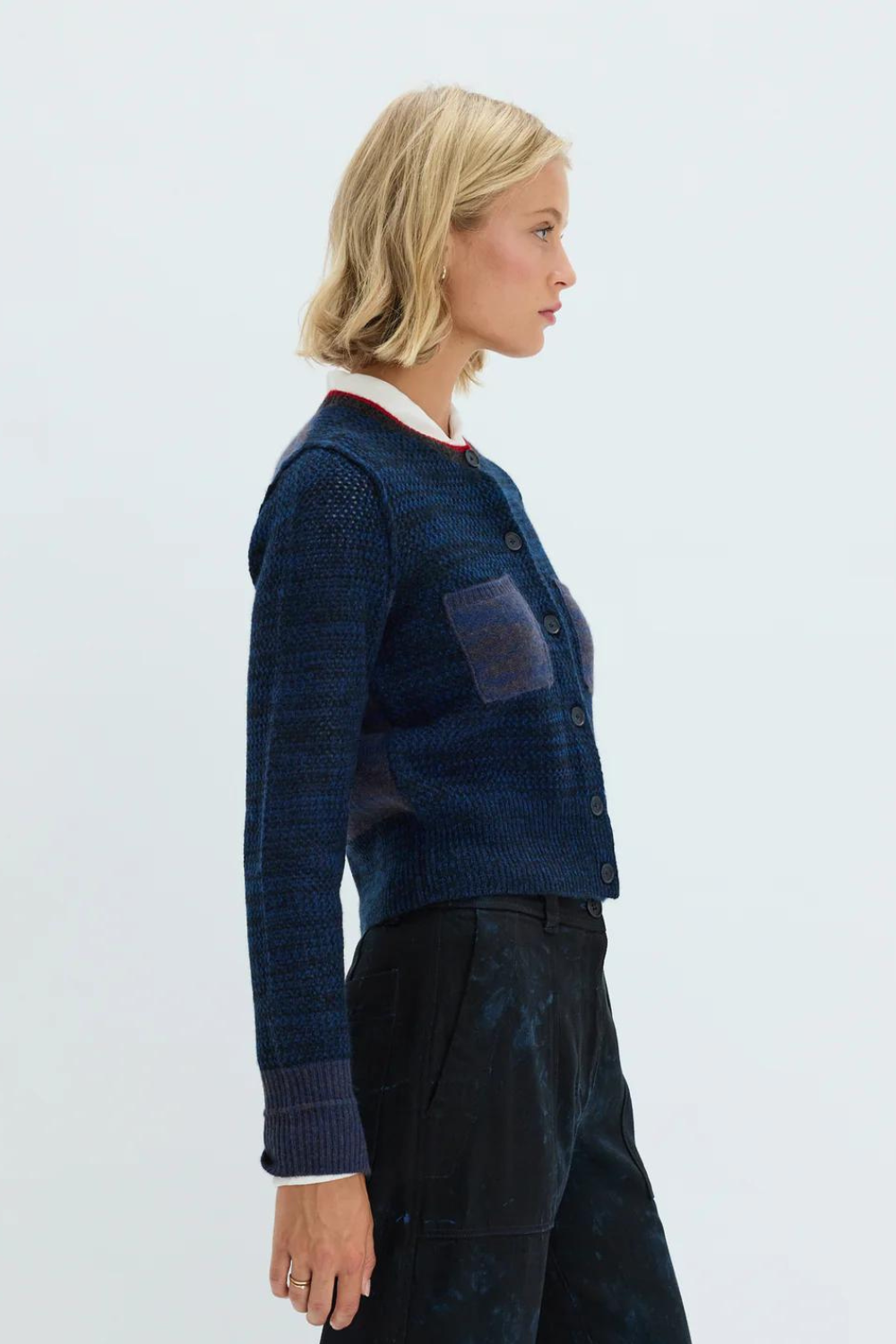 Model wearing Raquel Allegra Lina Cardigan side view