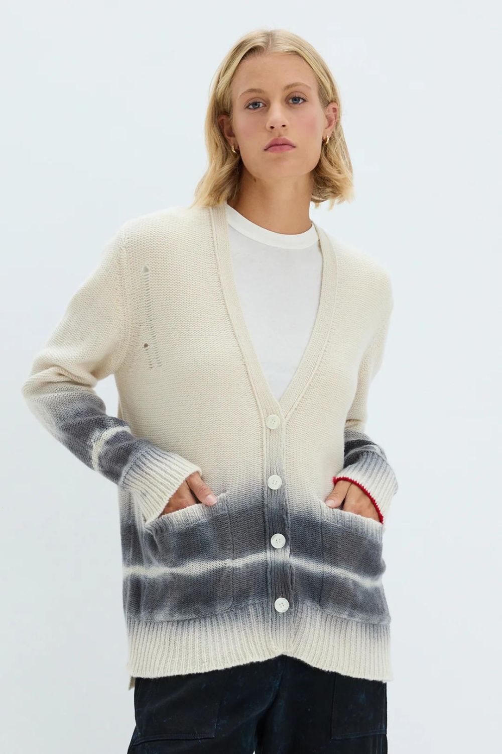 Model wearing Raquel Allegra Evans Cardigan front view