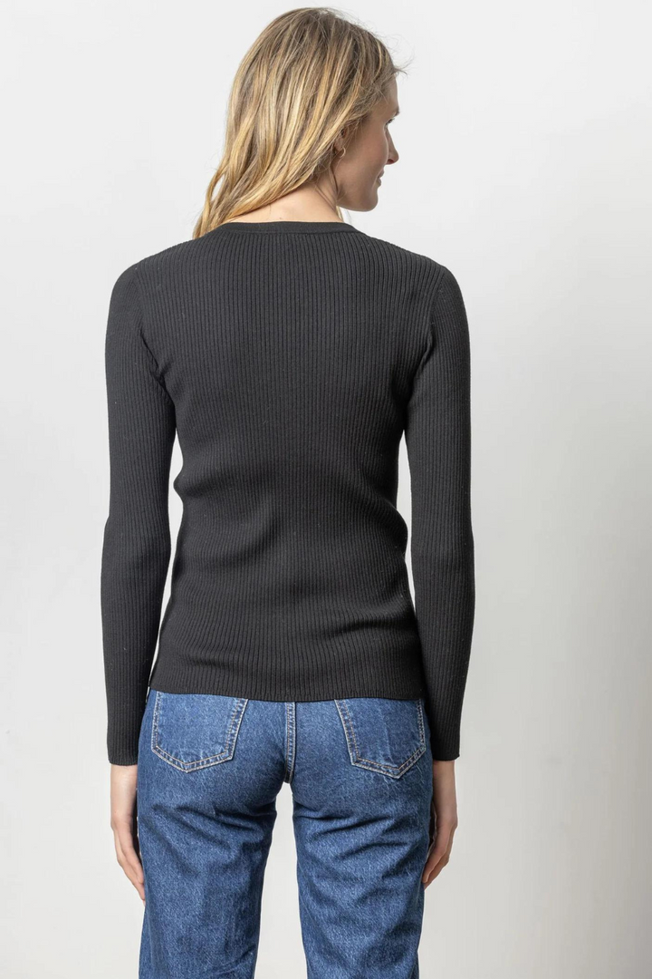 Model wearing Lilla P Ribbed Cardigan Sweater rear view