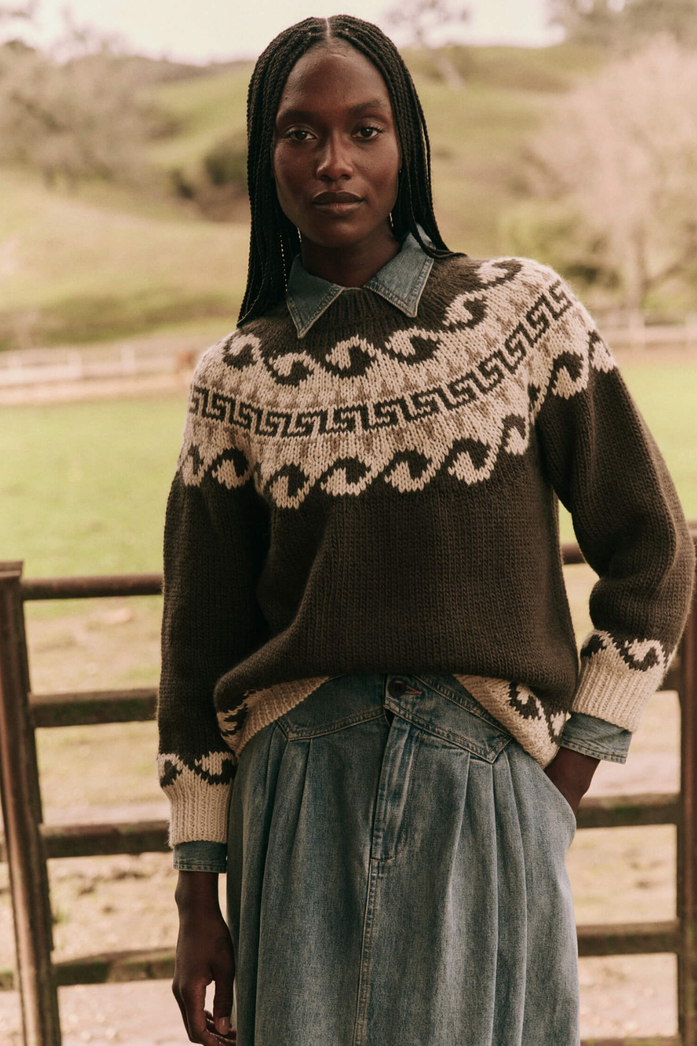 Model wearing The Great The Greek Key Lodge Cardigan front view