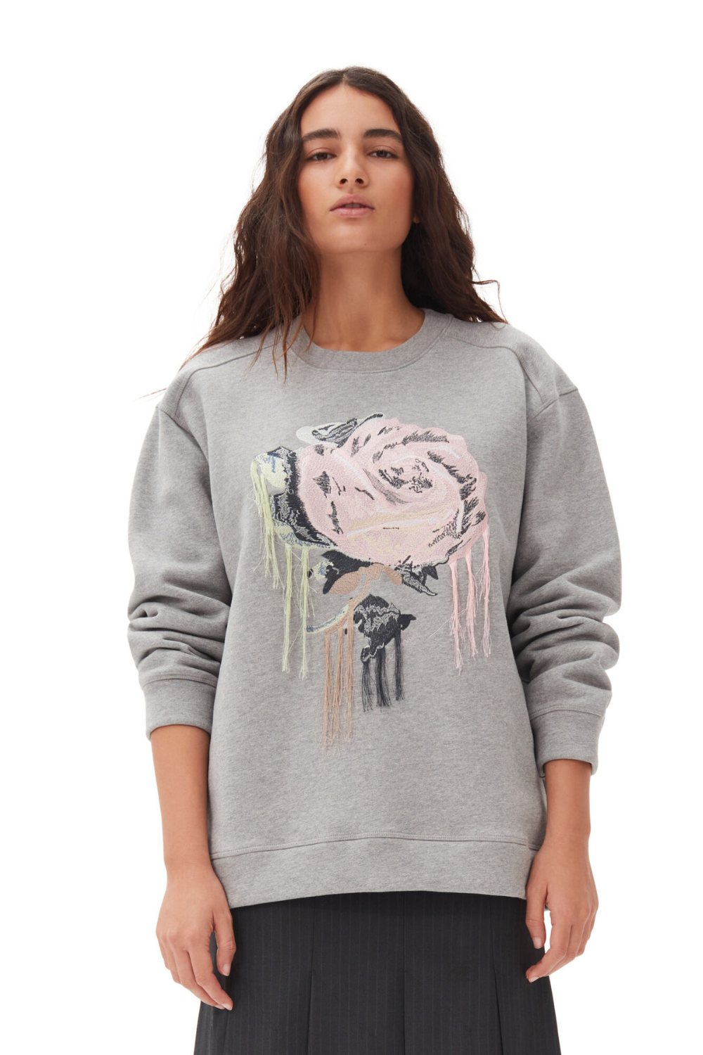 Model wearing Ganni Heavy Fleece Drop Shoulder Sweatshirt front view