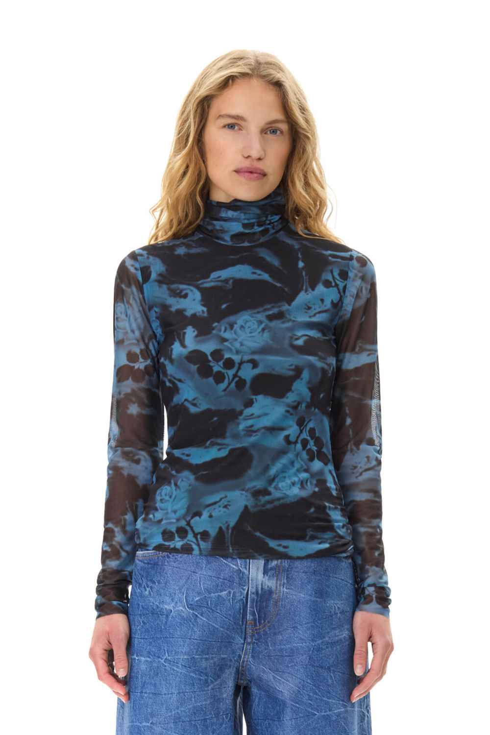 Ganni Printed Mesh Long Sleeve Rollneck