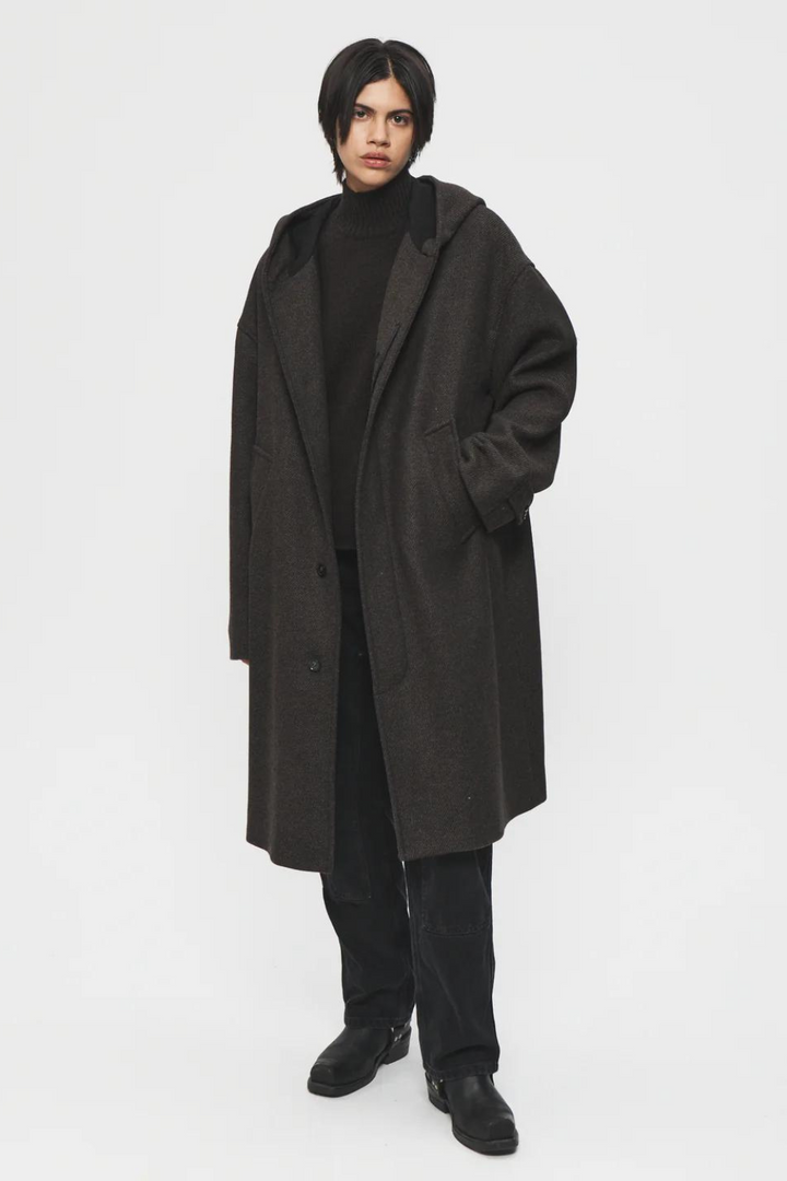 Model wearing 6397 Hooded Car Coat front view