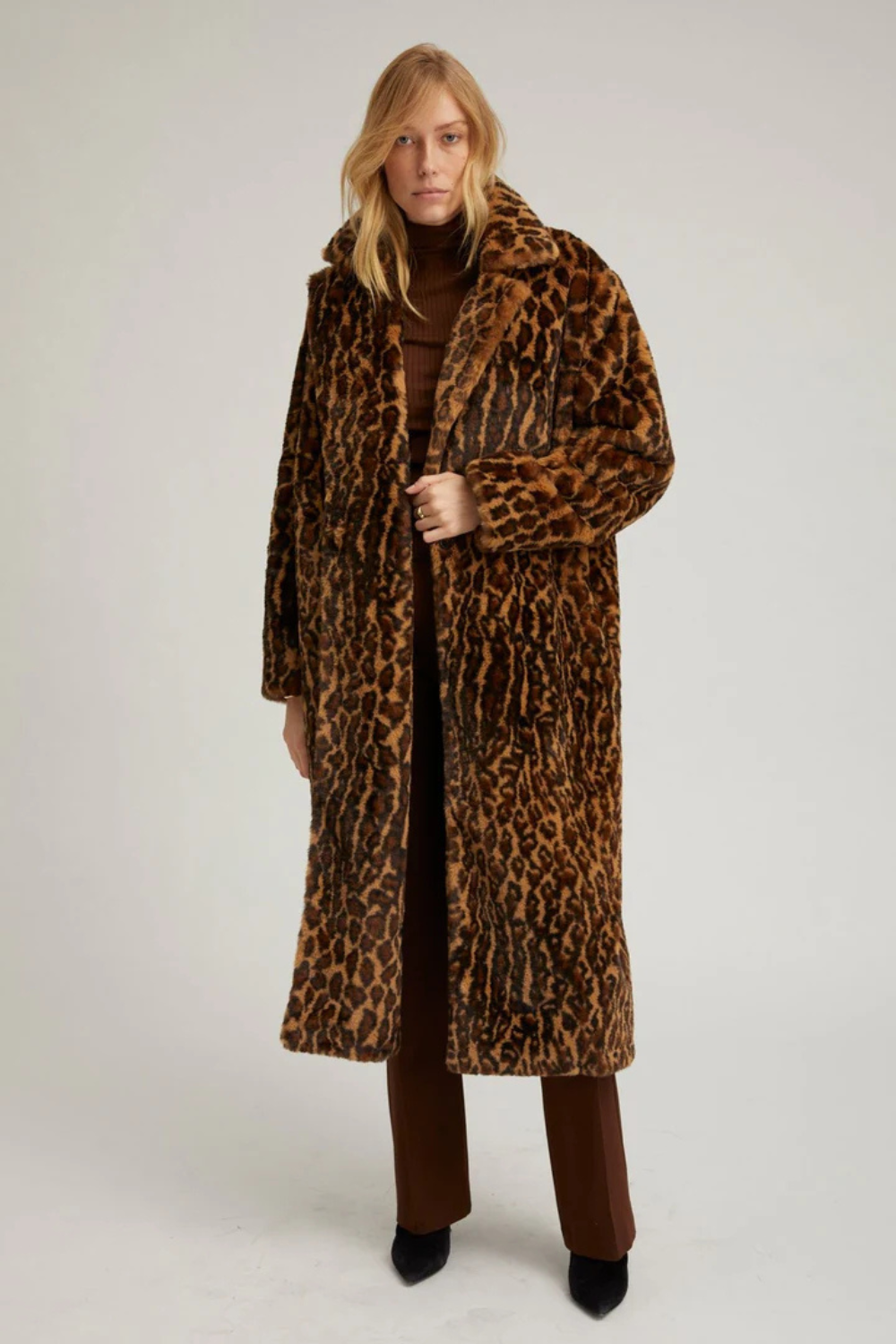 Model wearing SPRWMN Classic Faux Fur Coat front view