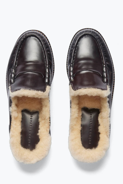 Flat lay of Frēda Salvador Temi Shearling Penny Loafer Mule top view