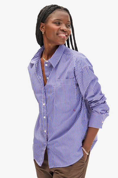 Model wearing Clare V. Emiliette Oversized Shirt front view