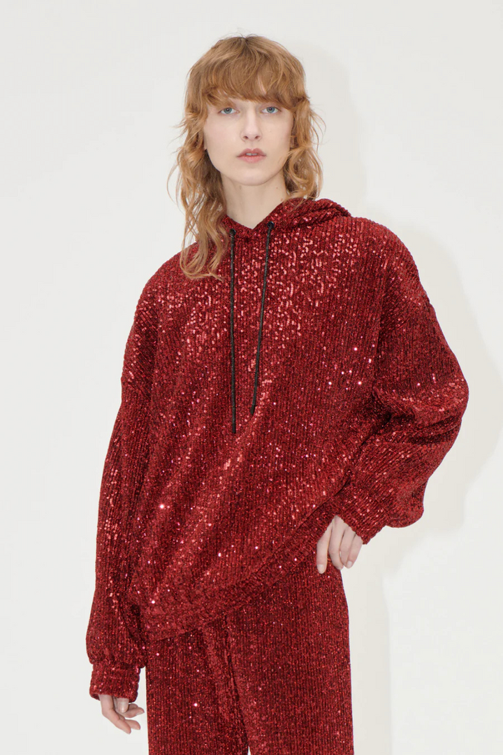 Model wearing Stine Goya Sequins Jersey Oversize Hoodie front view