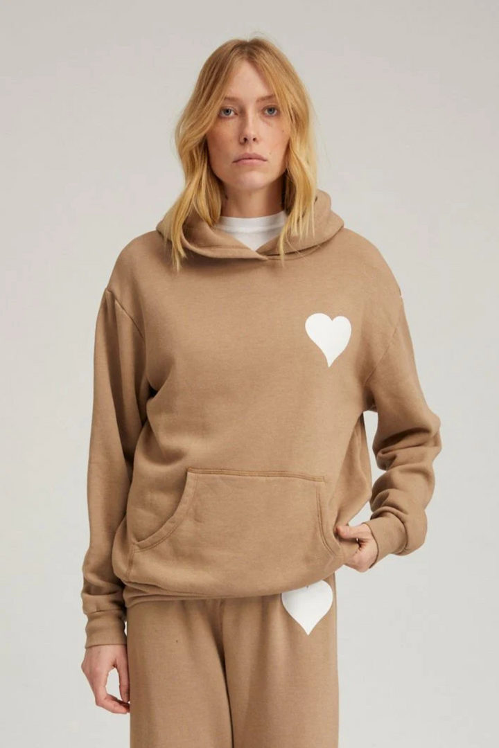 Model wearing SPRWMN Heart Hoodie front view