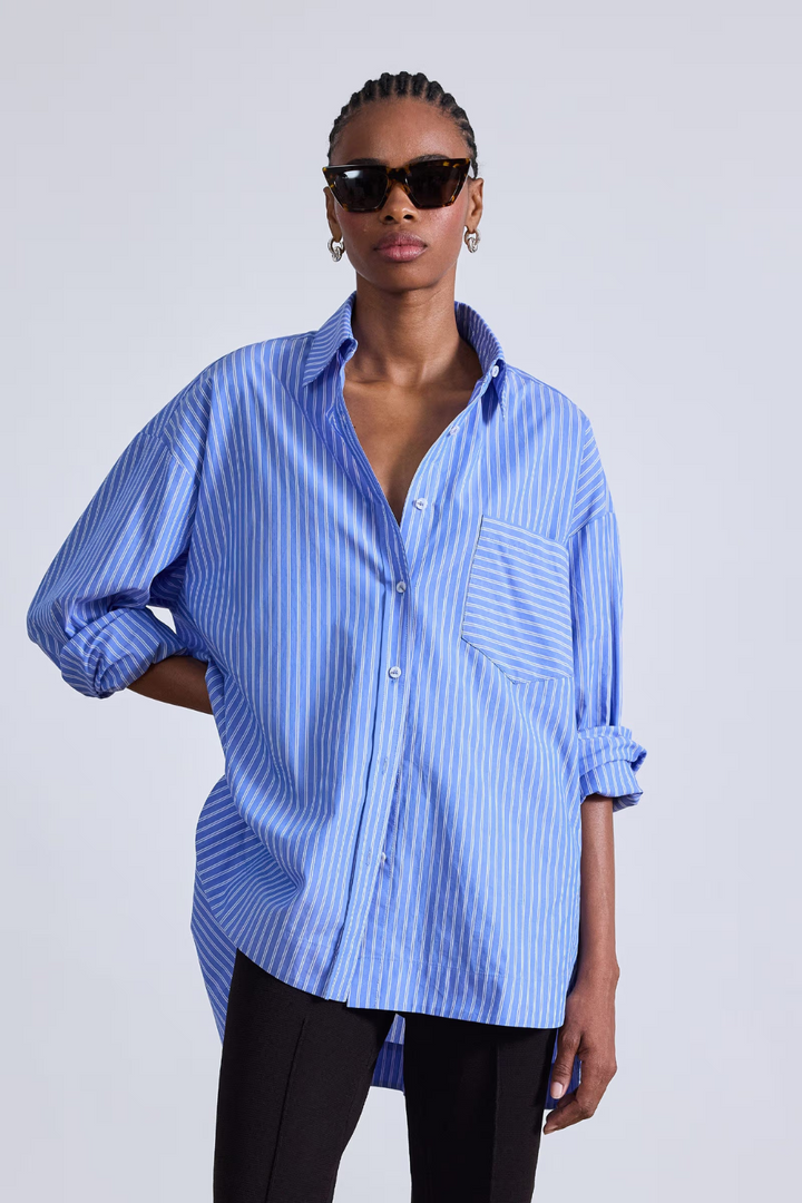 Model wearing Apiece Apart Aldea Oversized Button Down front view