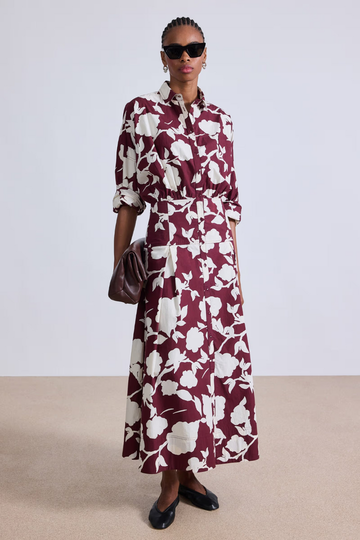 Model wearing Apiece Apart Pietra Maxi Shirt Dress front view