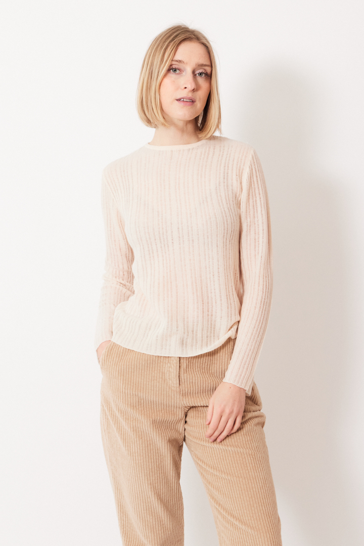 Madi wearing Allude Delicate Sheer Cashmere True Joy Sweater front view