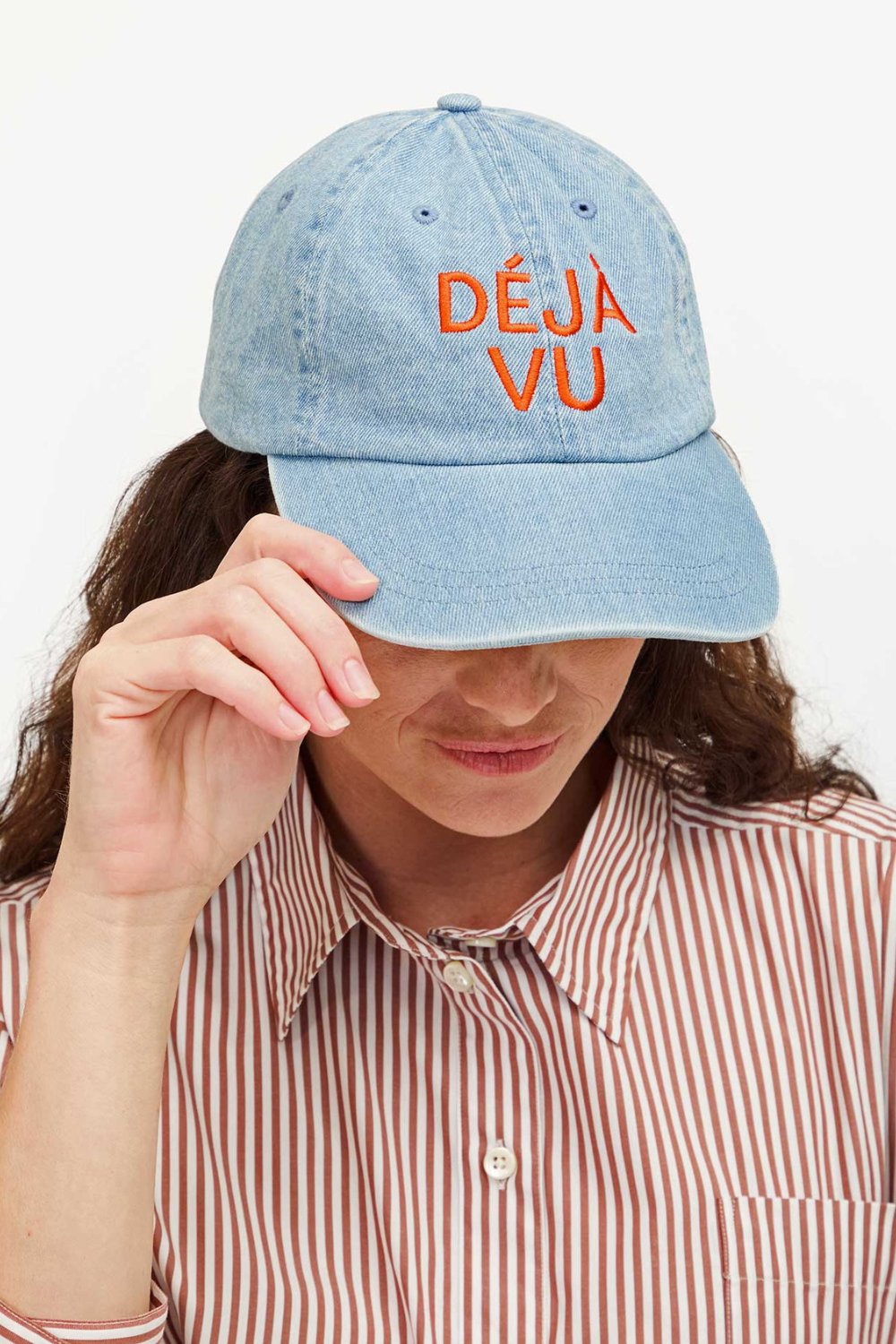 Model wearing Clare V. Denim Baseball Hat front view