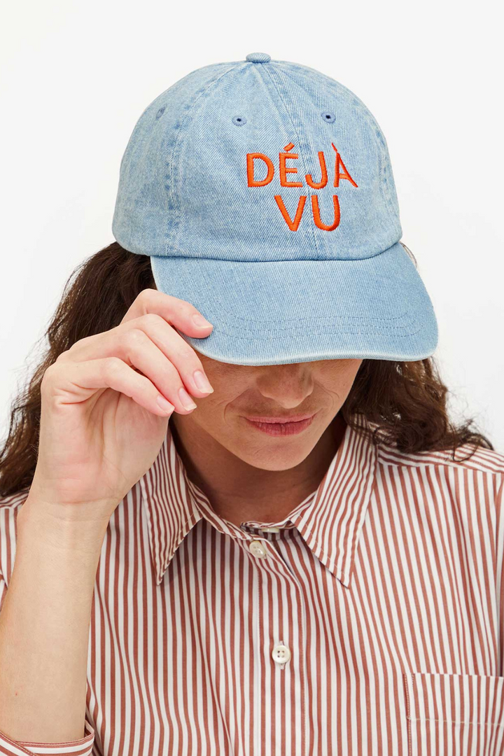 Model wearing Clare V. Denim Baseball Hat front view