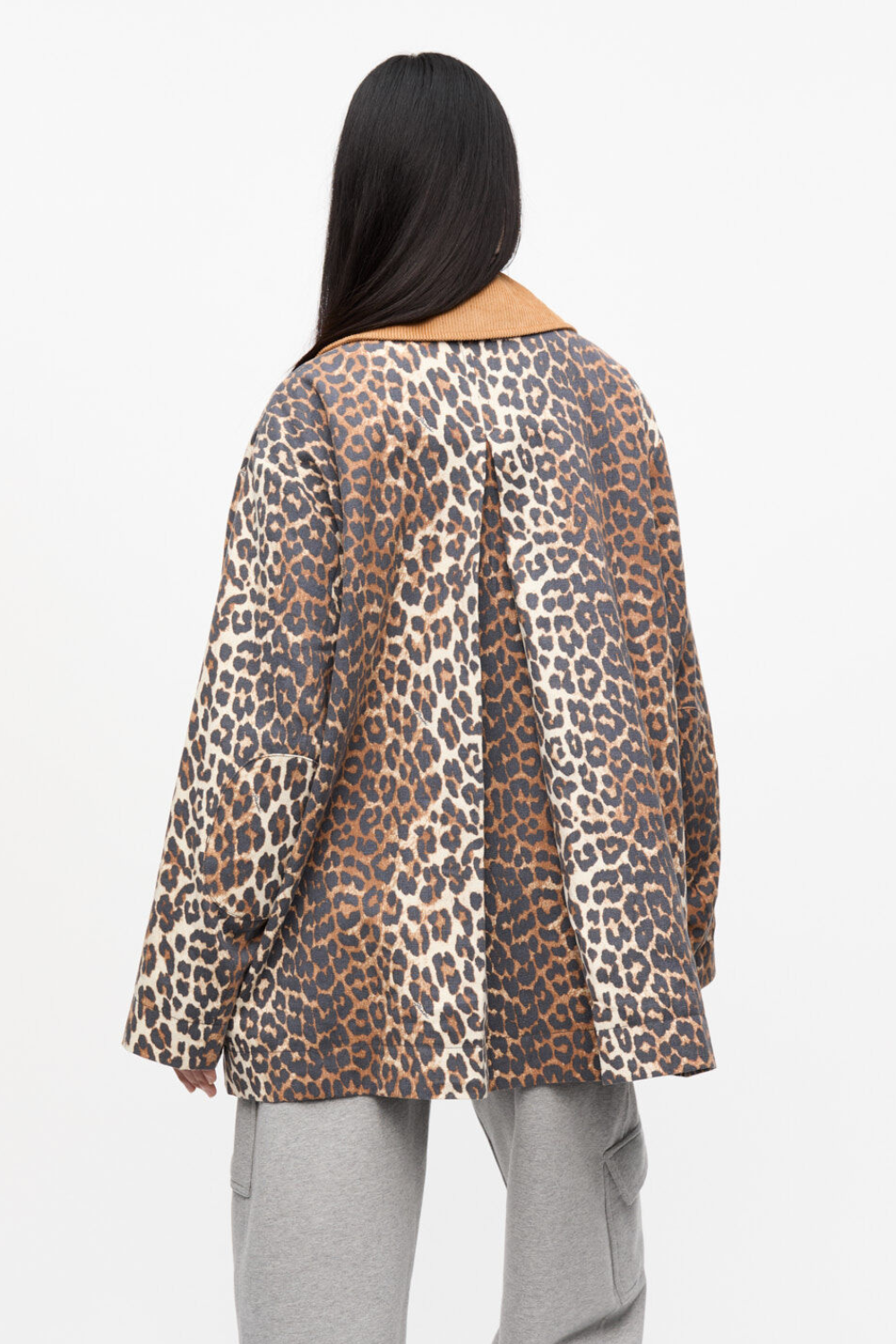 Model wearing Ganni Printed Canvas Midi Jacket rear view