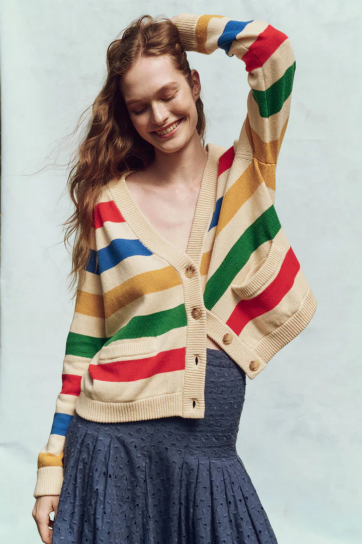 Model wearing The Great The Varsity Cardigan front view