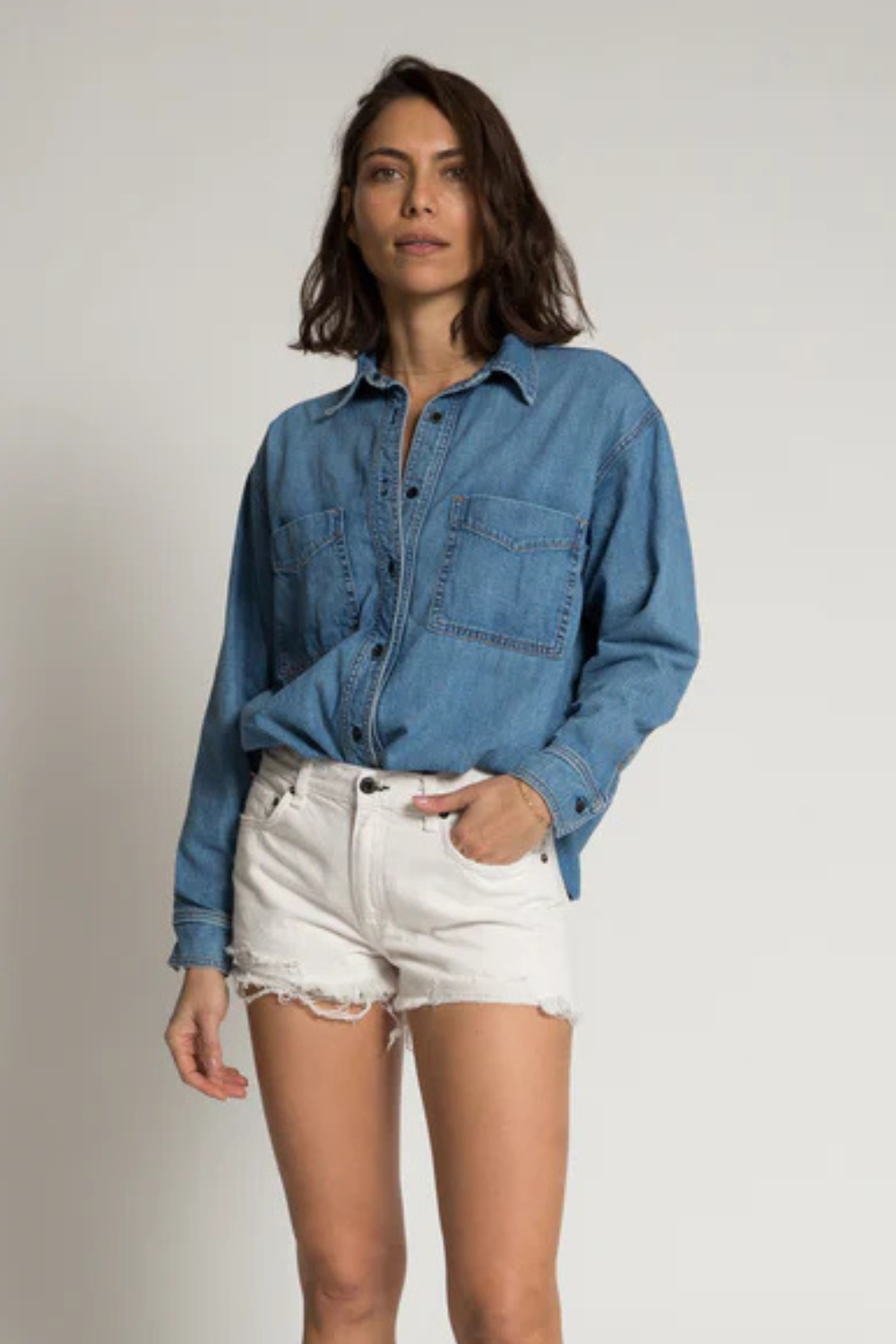 Model wearing ASKK NY Oversized Denim Shirt front view