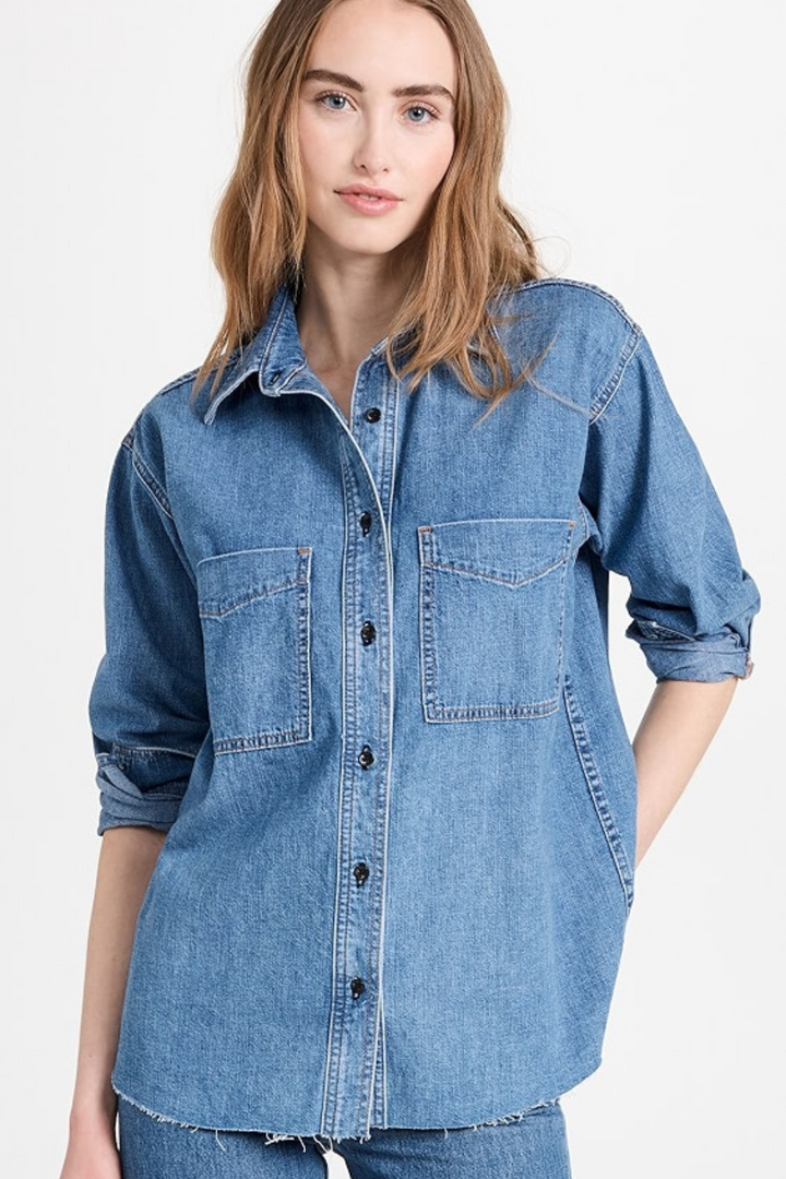 Model wearing ASKK NY Oversized Denim Shirt front view