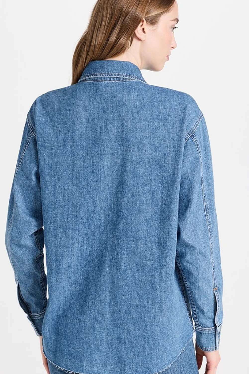 Model wearing ASKK NY Oversized Denim Shirt rear view