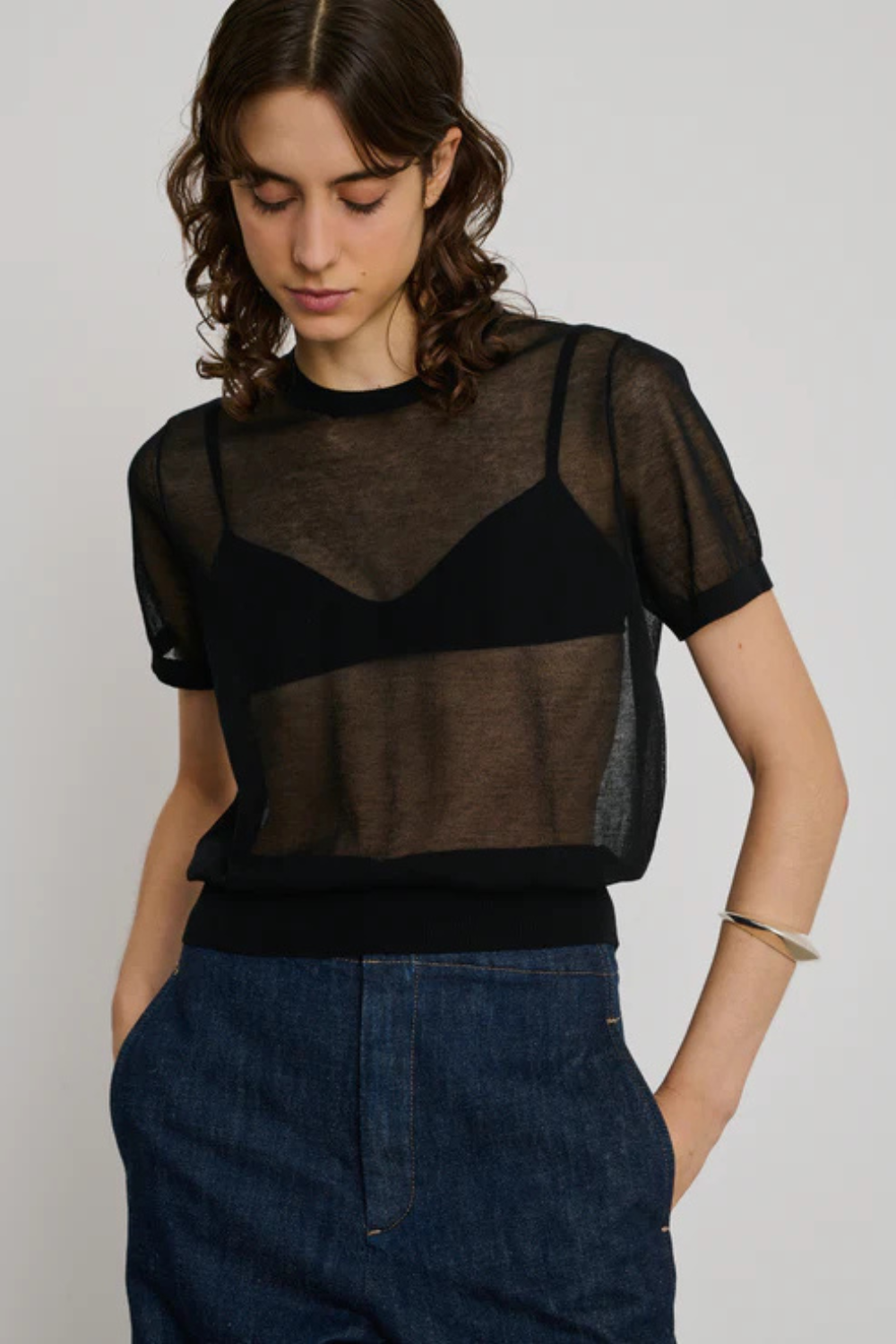 Model wearing Soeur Dua Sheer Top front view