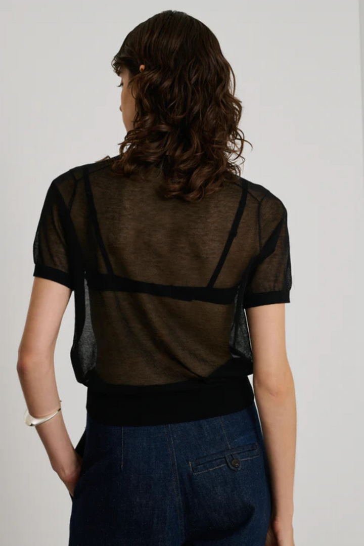 Model wearing Soeur Dua Sheer Top rear view