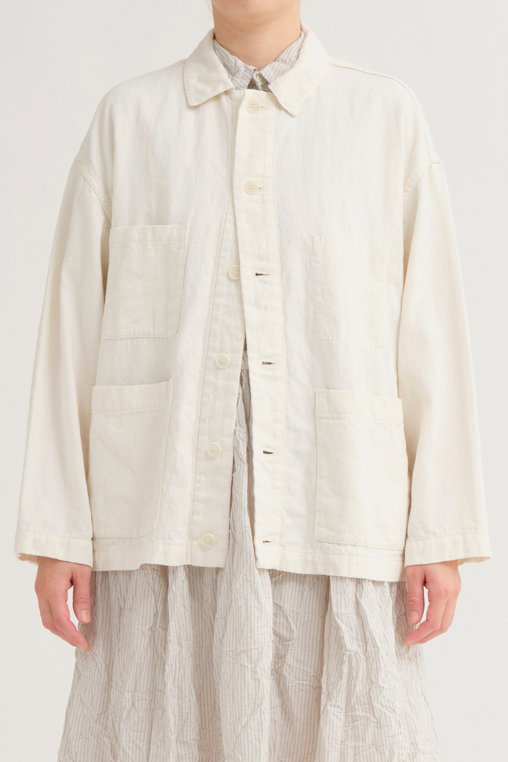 Model wearing Pas de Calais Cotton Linen Satin Coverall Jacket front view