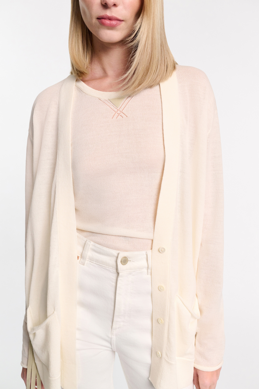 Model wearing Dorothee Schumacher Refined Essentials Cardigan front view