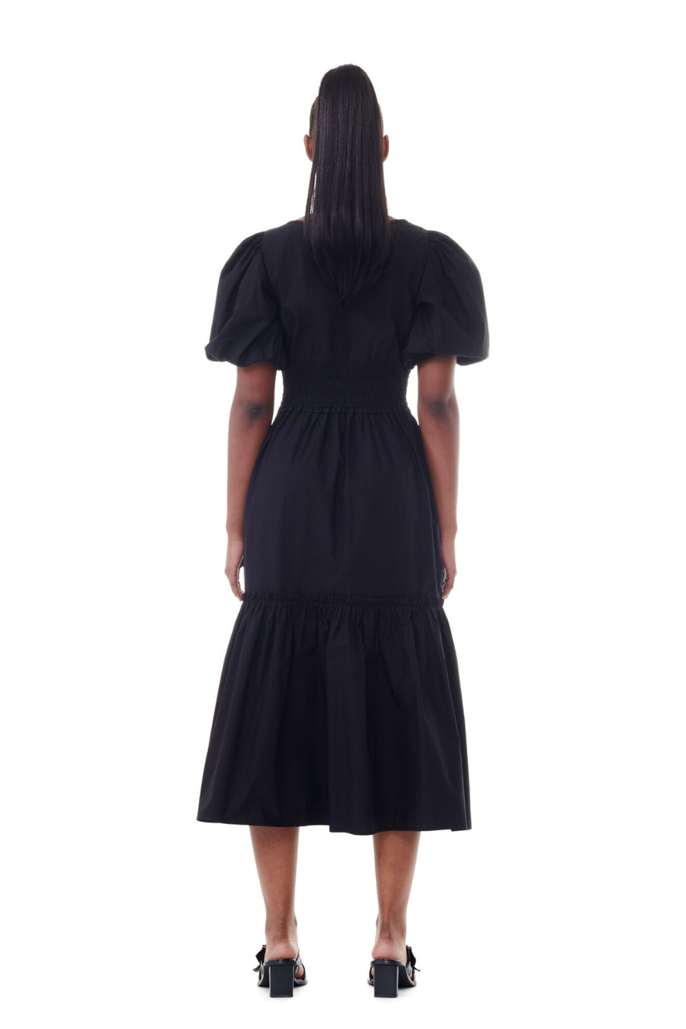 Model wearing Ganni Cotton Poplin Long Smock Dress rear view