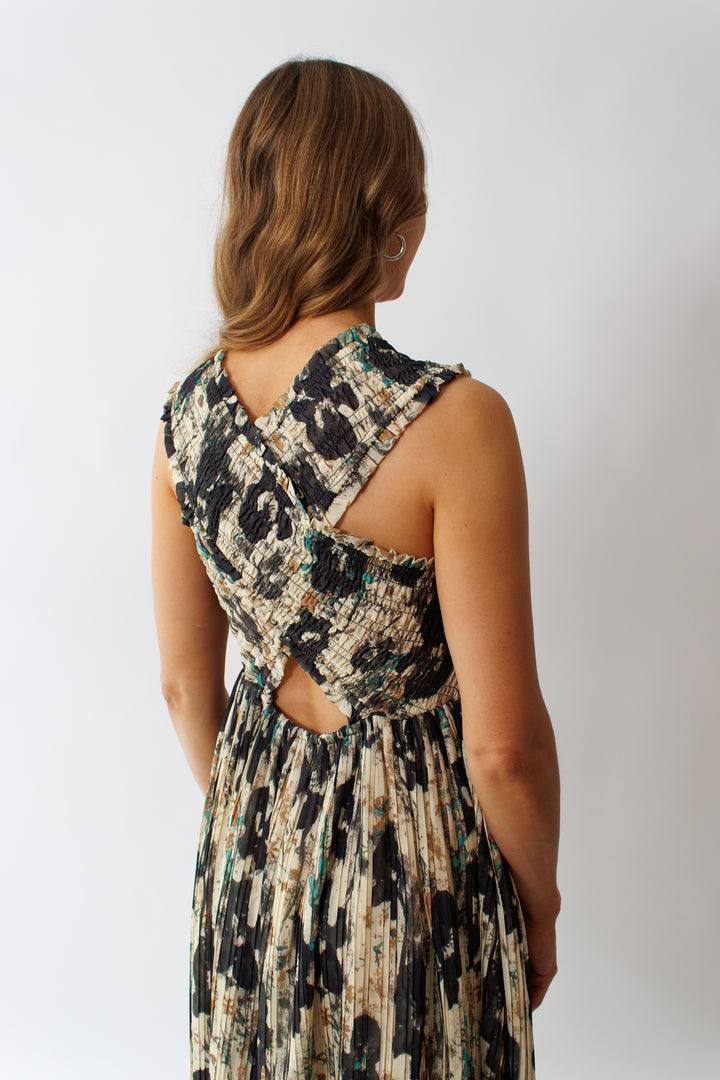 Mari wearing Ganni Printed Pleats Smock Midi Straps Dress rear view