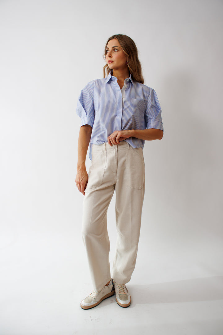 Mari wearing Seventy Lightweight Cotton Viscose Lurex Trousers front view