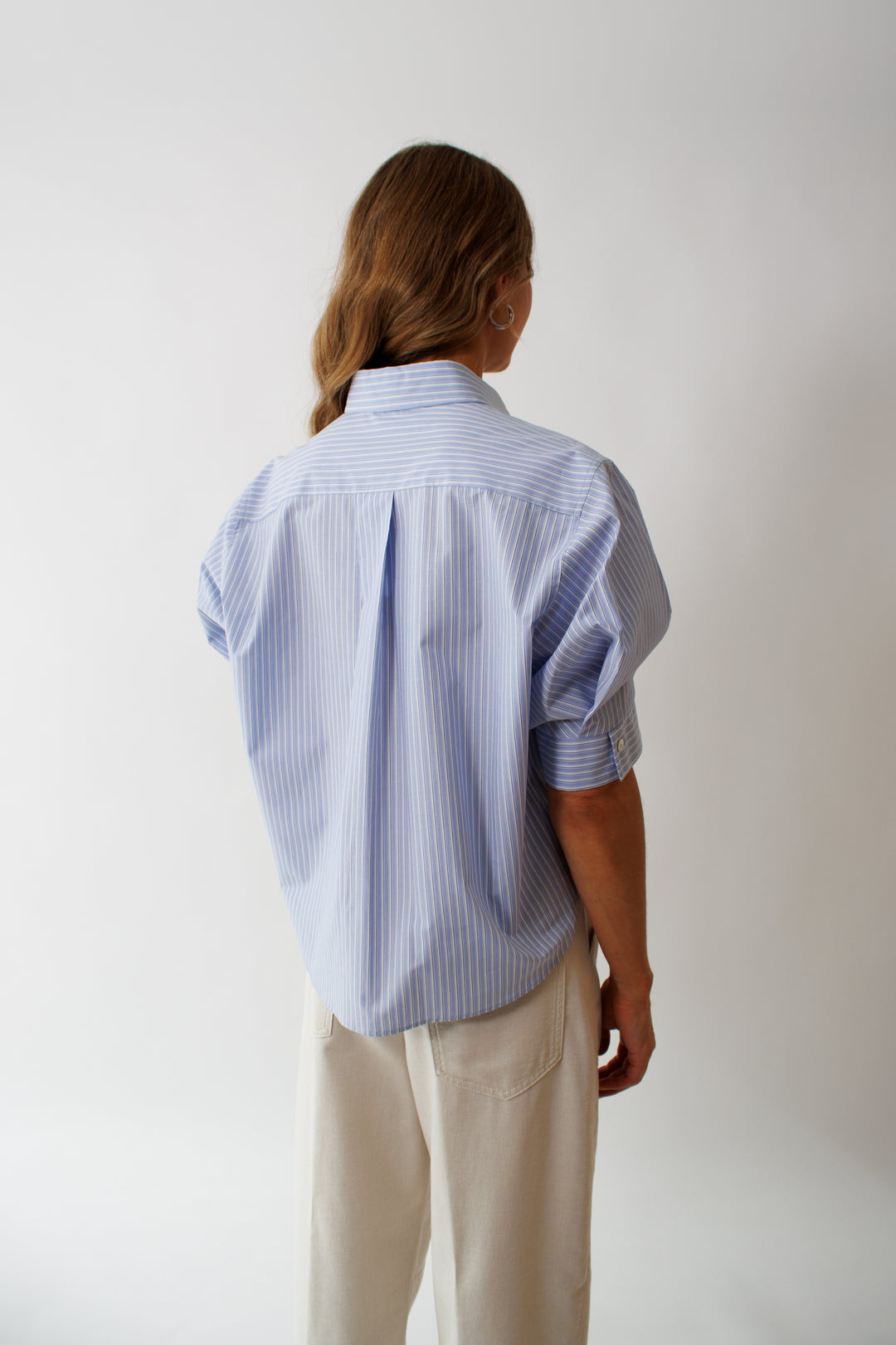 Mari wearing Seventy Multi Striped Half Sleeve Cotton Shirt rear view