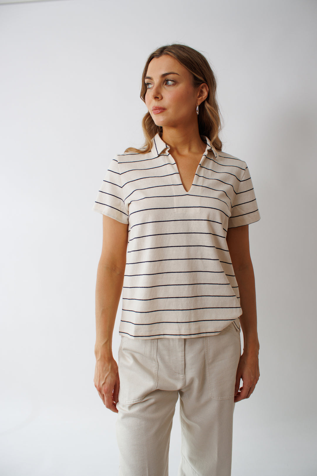 Mari wearing Seventy Raw Cotton Jersey Knit Maxi Stripe Open Polo front view