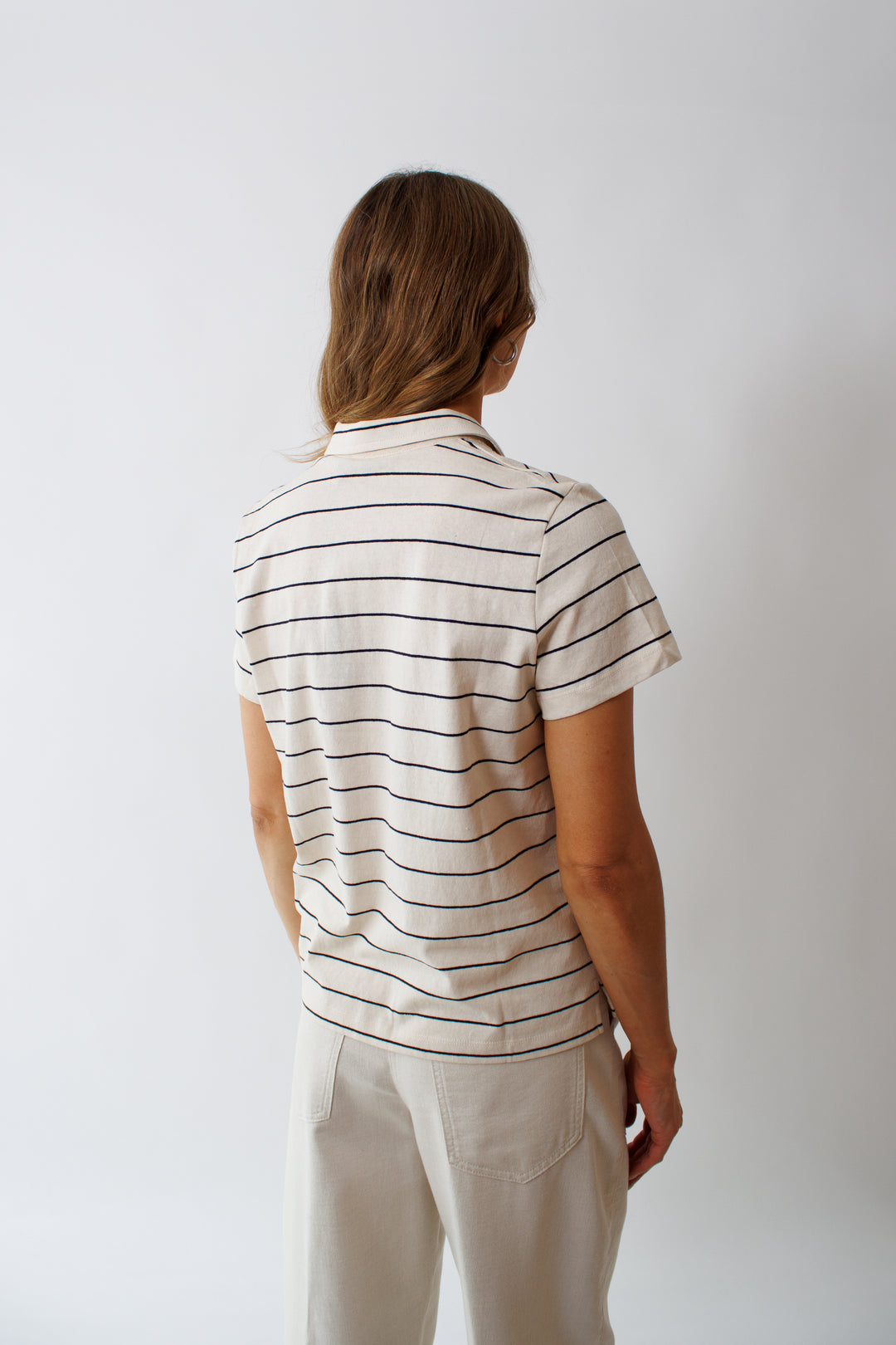 Mari wearing Seventy Raw Cotton Jersey Knit Maxi Stripe Open Polo rear view