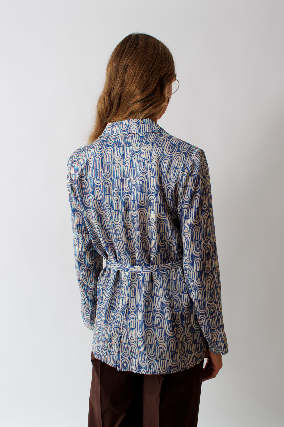 Mari wearing Seventy Painted Geometric Viscose Twill Jacket rear view