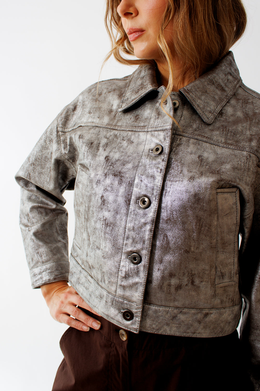 Mari wearing Seventy Laminated Suede Jacket front view