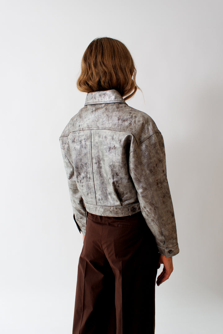 Mari wearing Seventy Laminated Suede Jacket rear view