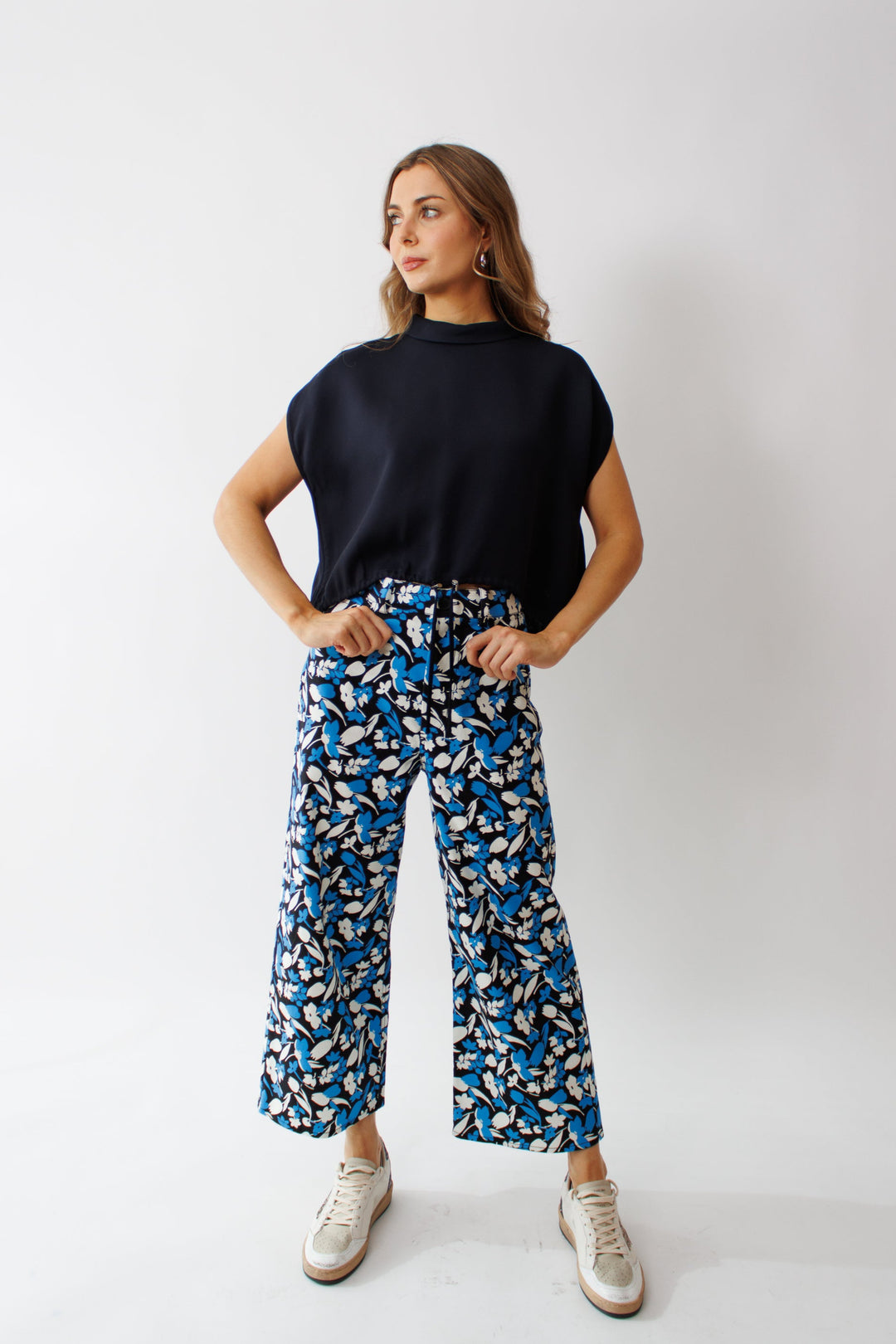 Mari wearing Mantu Floral Print Wide Leg Trouser front view