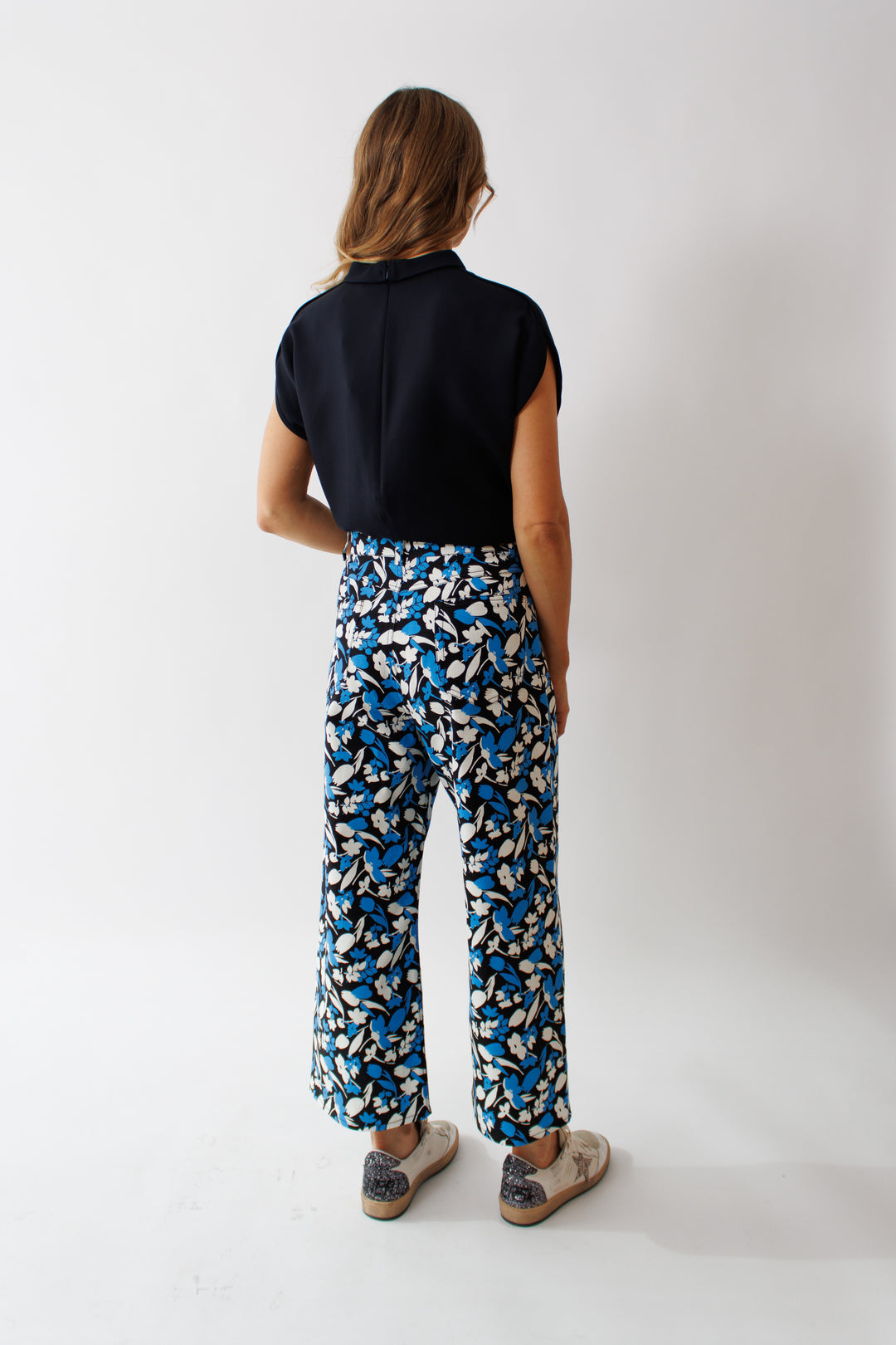 Mari wearing Mantu Floral Print Wide Leg Trouser rear view