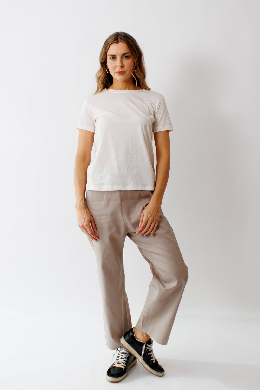 Mari wearing Plock Relaxed Woven Low Crotch Pant Stone front view