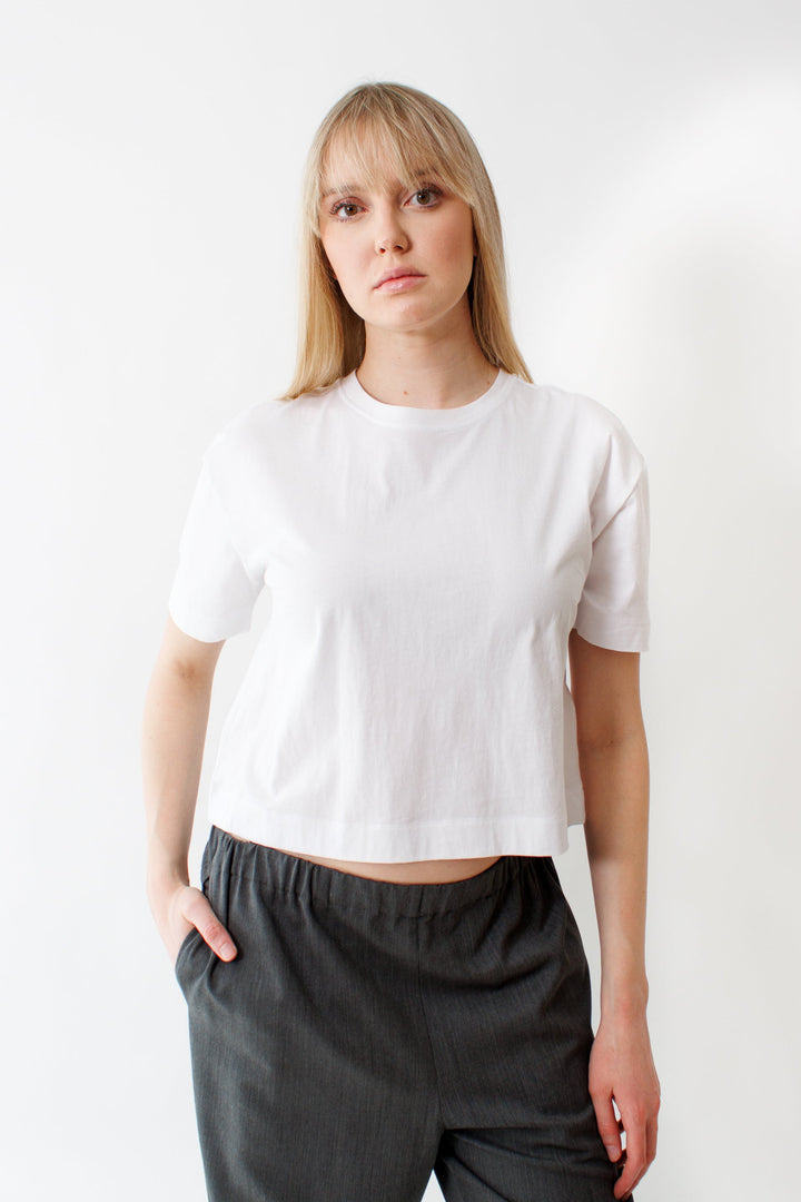 Bailey wearing Allude Cropped Cotton Tee front view