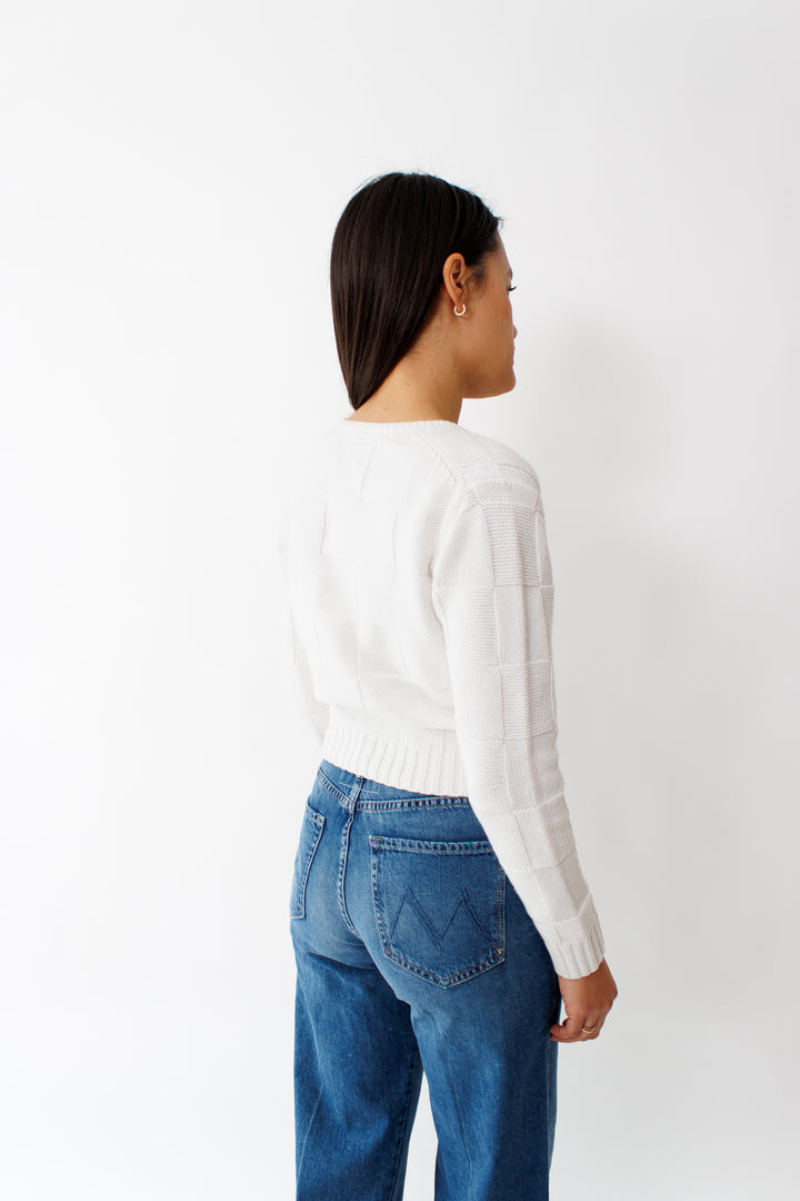 Amanda wearing Allude Cotton Cashmere Woven Check V Sweater rear view 