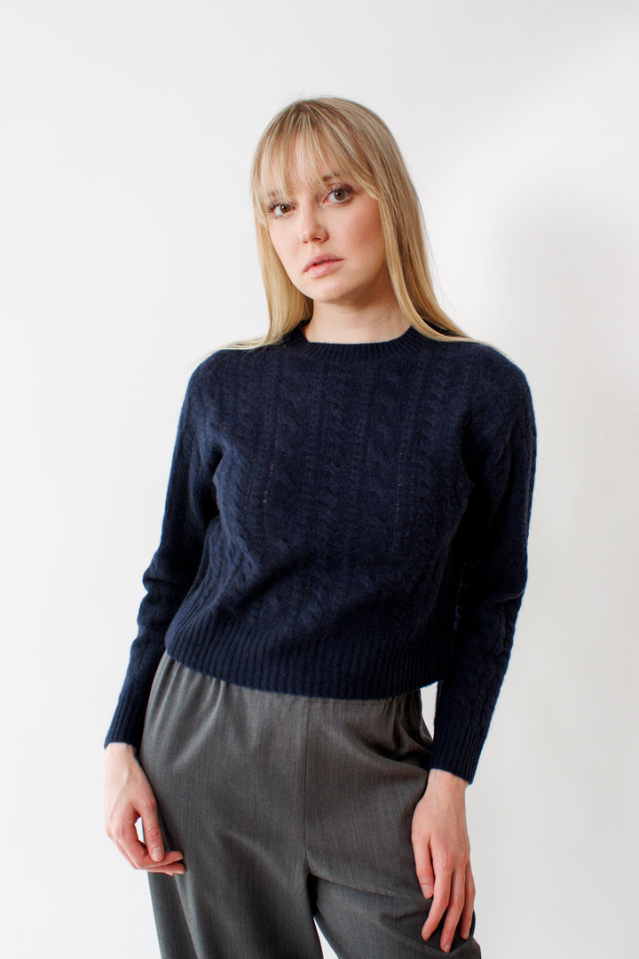 Bailey wearing White + Warren Cashmere Cropped Cable Crew front view